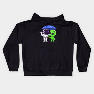 Cute Astronaut And Alien Standing Under Umbrella Cartoon Kids Hoodie